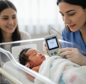Aplicação de OAE em recém-nascido durante triagem auditiva neonatal